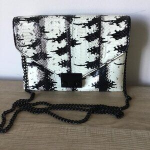 Loeffler Randall Clutch Handbag Black and White Snakeskin Embossed Leather